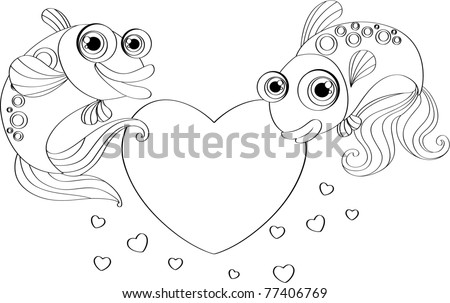 Outline Of A Happy Smiling Fish And Heart Shape. Stock Vector ...