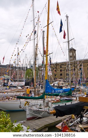 LONDON, UK-JUNE 1: Boats decorated with flags and bunting for the Queen\'s Diamond Jubilee celebrations, in St Katherine\'s dock near the Tower Bridge and the Tower of London. June 1, 2012 in London UK