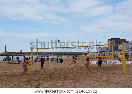 MARGATE,UK-AUGUST 16: Competitors practice on Margate Main Sands for the finals of Volley Ball England Beach Tour. August 16, 2014 in Margate, UK.