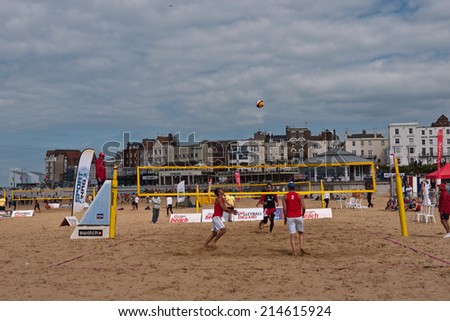 MARGATE,UK-AUGUST 16: Competitors practice on Margate Main Sands for the finals of Volley Ball England Beach Tour. August 16, 2014 in Margate, UK.
