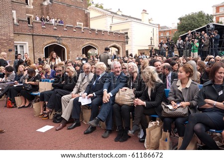 LONDON, UK-SEPTEMBER 17: Front Line Guests Including Boris Johnson, Jo Wood, Hilary Alexander and Sir Tom Shebbeare at London Fashion Week\'s Estethica  at St James\'s Palace on Sept 17, 2010 in London