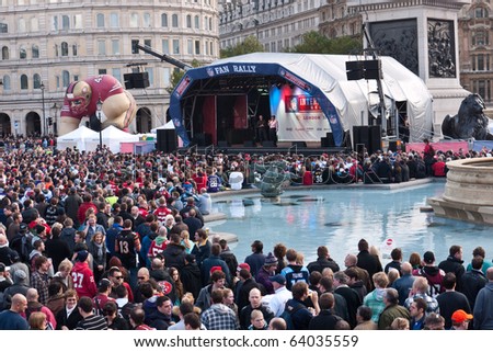 LONDON, UK- OCTOBER 30: Thousands of American football fans fill Trafalgar Square at a National Football League Fan Rally, before the 4th Annual Match at Wembley Stadium on Oct. 30, 2010 in London, UK.