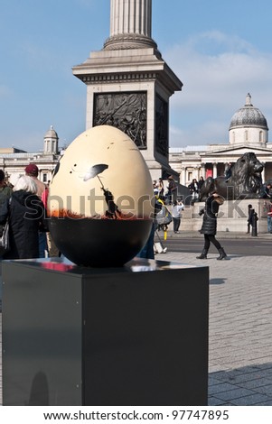 LONDON, UK-MARCH 11: Easter egg designed by Miss Dee, one of the eggs in Faberge\'s Big Egg Hunt, a competition and fundraising event,near Trafalgar Square. March 11, 2012 in London UK
