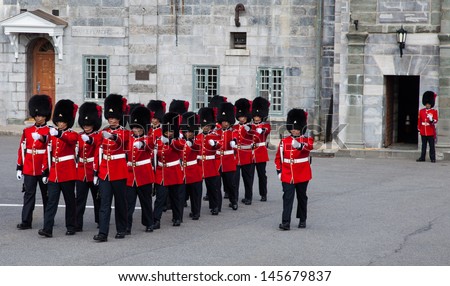 QUEBEC CITY, CANADA-JULY 5. Canadian Forces, Royal 22e Regiment, Honor Guard perform the Changing of the Guards on July, 2013 at the Citadel in Quebec City, Canada.