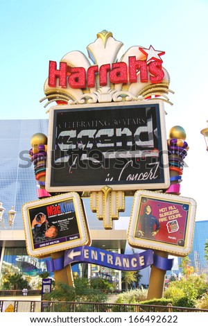 LAS VEGAS, NEVADA, USA - OCTOBER 20 : Harrah\'s Hotel and Casino Sign on October 20, 2013 in Las Vegas, Harrahs casino features over 1,200 slot machines, 80 table games, Keno, Bingo and a sports book.