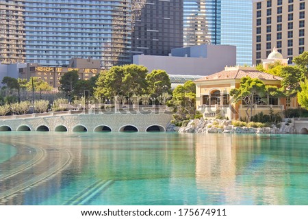 LAS VEGAS, NEVADA, USA - OCTOBER 21, 2013 : Fountain in Bellagio Hotel in Las Vegas, Bellagio Hotel and Casino opened in 1998. This luxury hotel owned by MGM Resorts International