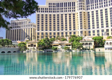 LAS VEGAS, NEVADA, USA - OCTOBER 21, 2013 : Fountain in Bellagio Hotel in Las Vegas, Bellagio Hotel and Casino opened in 1998. This luxury hotel owned by MGM Resorts International