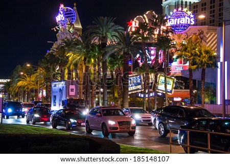 LAS VEGAS, NEVADA, USA - OCTOBER 23, 2013 : Night view of Las Vegas. The Las Vegas Strip is an approximately 4.2-mile stretch of Las Vegas Boulevard South in Clark County, Nevada.