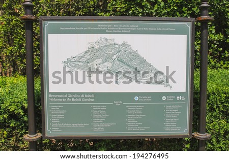 FLORENCE, ITALY - MAY 08, 2014: information board in the Boboli gardens, are one of the most famous works of landscape art of the XVI century.