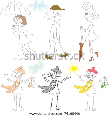 cartoon people with umbrellas and without