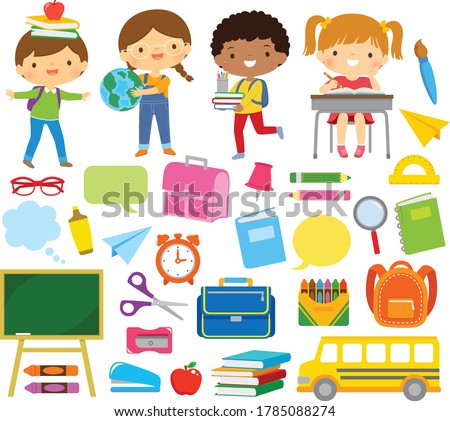 Clipart set of school kids and school supplies.
