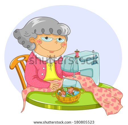 Happy Granny Sewing With A Machine Stock Vector Illustration 180805523 ...