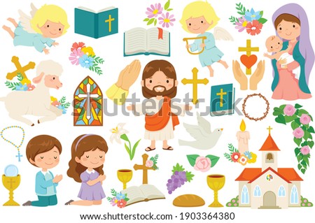 Christianity clipart bundle. Various religious symbols and cartoon characters of Jesus, Mary, cute angels and praying kids.