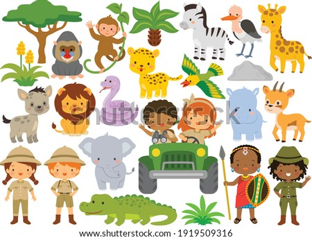 Safari animals and kids. Clipart set with wild animals and people in the African savanna. 