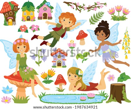 Fairy clipart set. Collection of cartoon fairies, fairy houses and forest elements. 