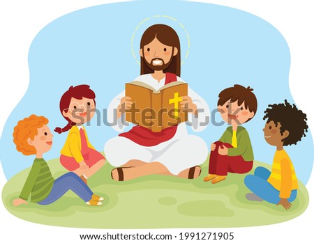 Jesus Christ reading the bible book to kids sitting on the grass. Photo stock © 