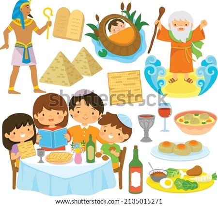 Passover clipart set with the holidays symbols. Moses and Pharaoh, Jewish family at the Seder and traditional Passover food.