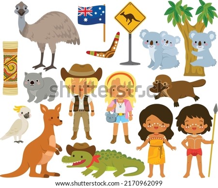 Australia clipart set with cartoon Australian animals, people and symbols.