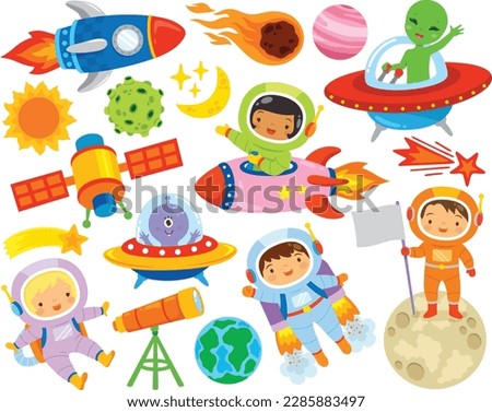 Cute colorful outer space clipart set with male and female astronauts, aliens, spaceships and planets.