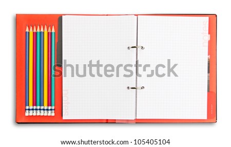 red notebook and pencil isolated with clipping path