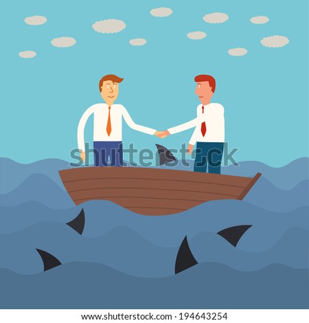 two business man shaking hand on small boat with shark in the sea,business concept,illustration,vector