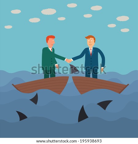 two business man shaking hand on small boat with shark in the sea,business concept,illustration,vector