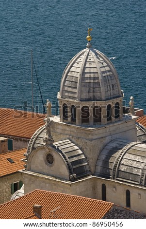 Panoramic view of old town Sibenik, St.James cathedral and St.Dominic tower and the channel
