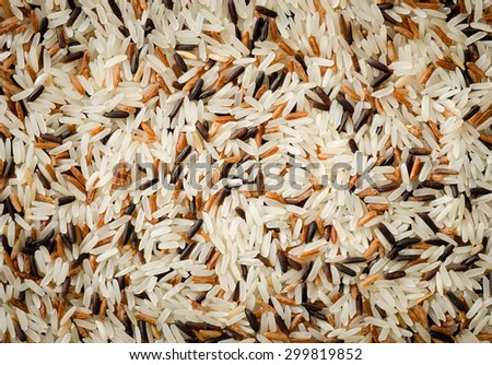 Food background with three mixed of Thai rice varieties : brown rice, mixed wild rice, white (jasmine) rice. species Oryza sativa.