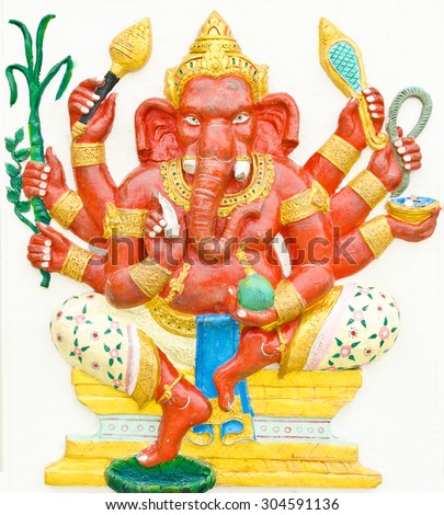 God of success 1 of 32 posture. Indian style or Hindu God Ganesha avatar image in stucco low relief technique with vivid color,Wat Samarn, Chachoengsao,Thailand.