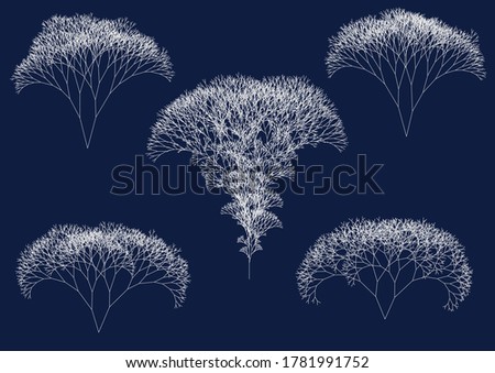 set of computer generated irregular white fractal trees on dark blue background illustrating big data flow