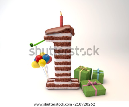 Chocolate cake top by balloon and gift box lit candle for a birthday or anniversary celebration/Number One Shaped Chocolate Cake - Stock Image