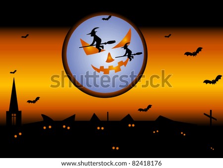 Illustration of holiday Halloween with the image of the terrible moon, witches on brooms, bats, the lock, roofs, a cross