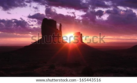 Monument Valley 01 Sunrise from Left & Right Mitten Butte Utah Arizona USA