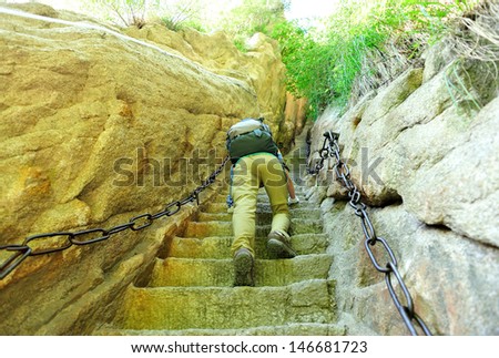 woman hiker climbing mountain hua