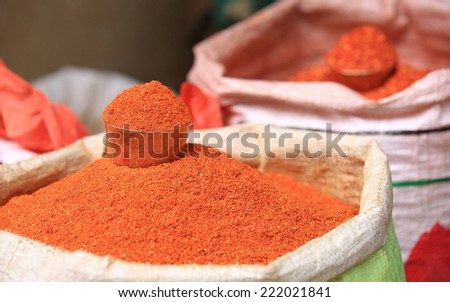 closeup of red spicy pepper powder