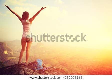 Similar – Image, Stock Photo Cheerful women on edge of mountain