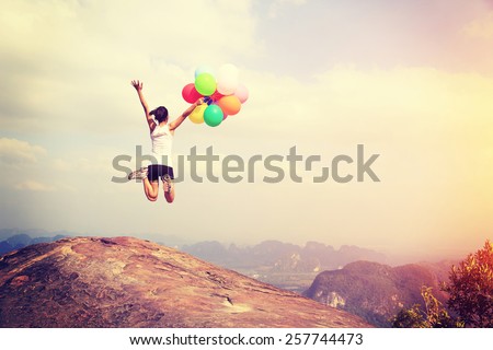Similar – Image, Stock Photo Cheerful women on edge of mountain