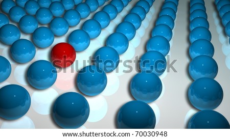 Hundreds of blue spheres on floor with one red sphere