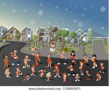 Colorful cute happy cartoon people on suburb neighborhood on christmas night