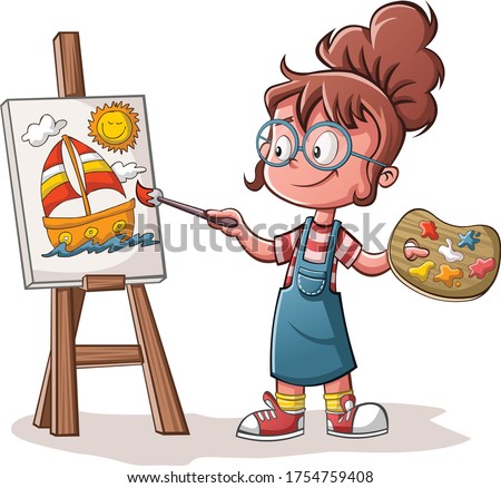 Cartoon girl painting a boat on canvas