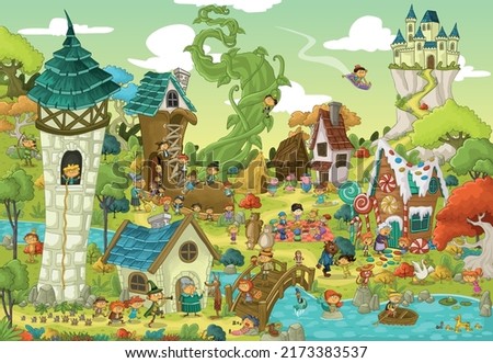 Magic world with fairy tale characters. Cartoon fantasy background village.