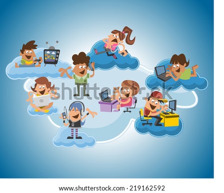 Group of cute happy cartoon people over cloud computing
