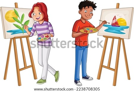 Cartoon teens painting on canvas. Teenagers painting nature images.
