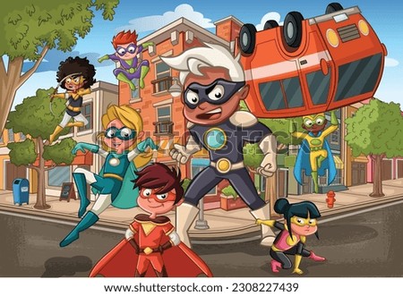 Cartoon children superheroes in the city. Super heroes in action poses.