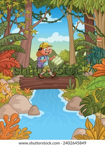 Wild forest with cartoon boy crossing a river over a log bridge. Adventure in the  jungle.