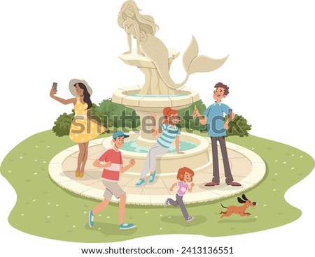 Cartoon people in the park around a water fountain.