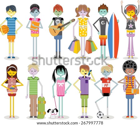 Group of cartoon young people. Colorful teenagers.