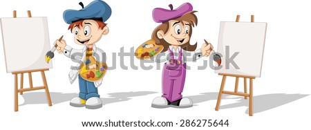 Cartoon children painting blank canvas on a wooden easel