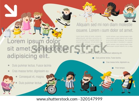 Template for advertising brochure with cute happy cartoon people