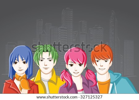 Group of cartoon young people in the city. Manga anime teenagers.